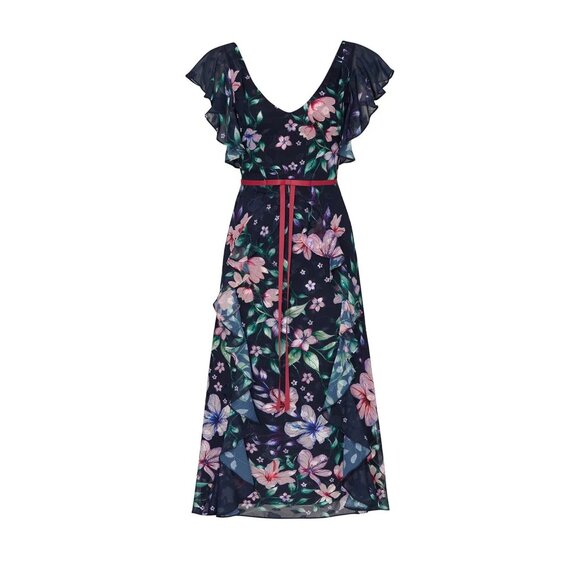 Marchesa Notte Blue Floral Chiffon Midi Gown Size 12 Flutter Sleeve Formal - Picture 4 of 15